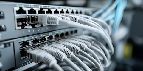 Close-Up View of Network Switch with Ethernet Cables Connected in a Data Center Setting for Technology and Telecommunications Concepts