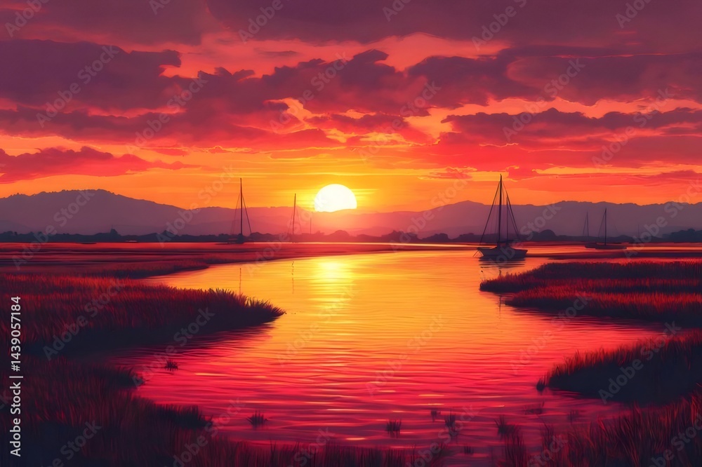 Poster 燃えるような夕焼け空の下 湖に映る夕日の輝き 穏やかな風景画