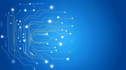 blue background features complex network of white lines and circles, resembling circuit board or digital technology design, evoking sense of innovation and connectivity