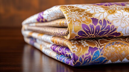 Folded Luxurious Fabric with Floral Pattern and Golden Highlights Display