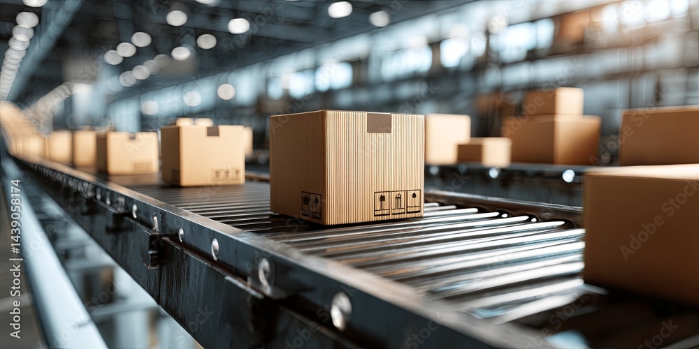 Leinwandbilder Efficient Packing and Shipping Process in a Modern Warehouse with Moving Conveyor Belts and Cardboard Boxes Ready for Distribution
