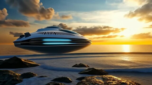 Futuristic hovercraft gliding over ocean at sunset with dramatic sky