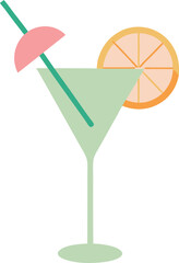 Colorful line art of a tropical drink in a margarita glass with lime , in a minimalist style on transparent background.