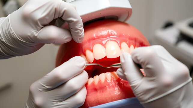 Dentist performing a scaling and root planing procedure meticulously cleaning below the gum line to improve periodontal health