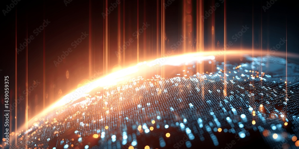 Poster Stunning Digital Globe with Binary Code and Radiant Light Beams Emphasizing Global Connectivity and Information Technology in a Modern World