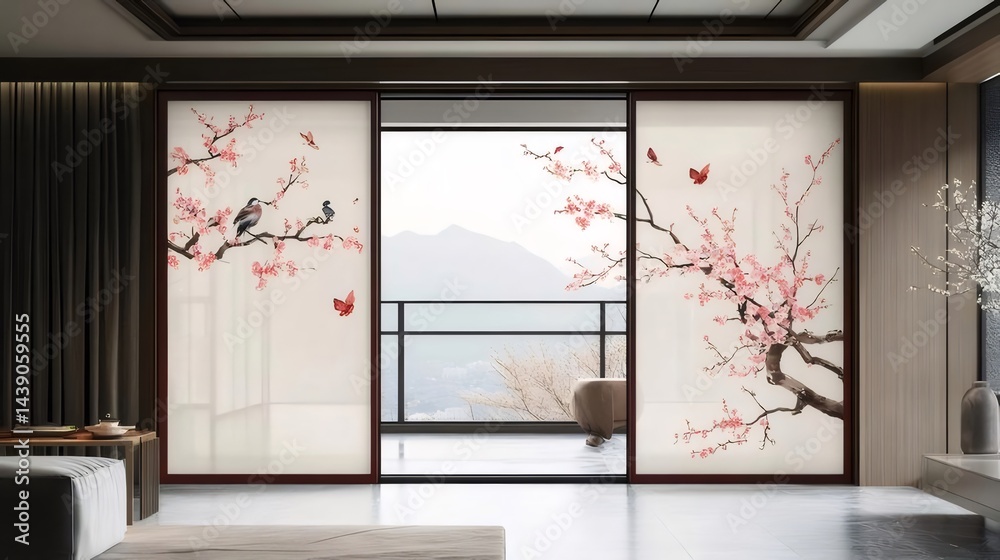 Poster 屋内空間に描かれた桜の枝と鳥のイラスト 窓から見える山の風景 柔らかな自然光が差し込むモダンな装飾