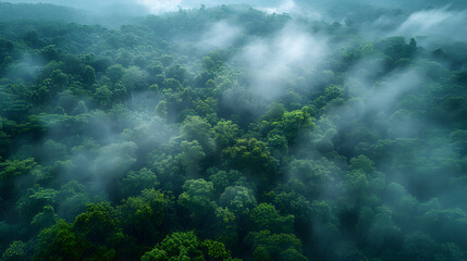 Mystical Rainforest Canopy Enshrouded in Ethereal Morning Fog and Verdant Greenery