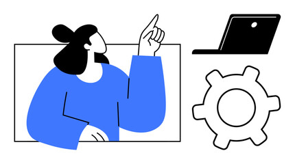 Woman pointing upwards with a laptop and a gear symbol nearby, representing innovation, technology, and problem-solving. Ideal for business, teamwork, creativity, management, strategy workflow