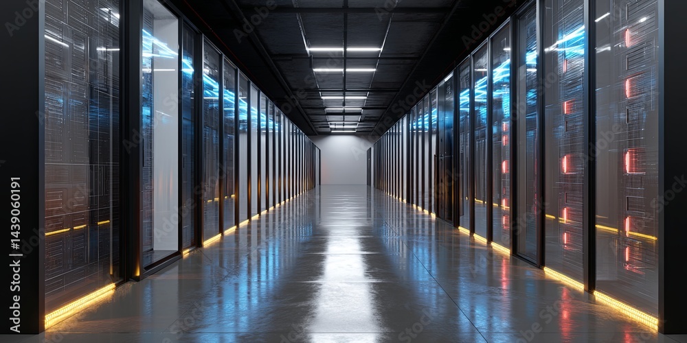 Leinwandbilder Modern Data Center Corridor with Rows of High-Tech Servers and LED Lights Featuring Advanced Technology and Innovative Architecture Elements