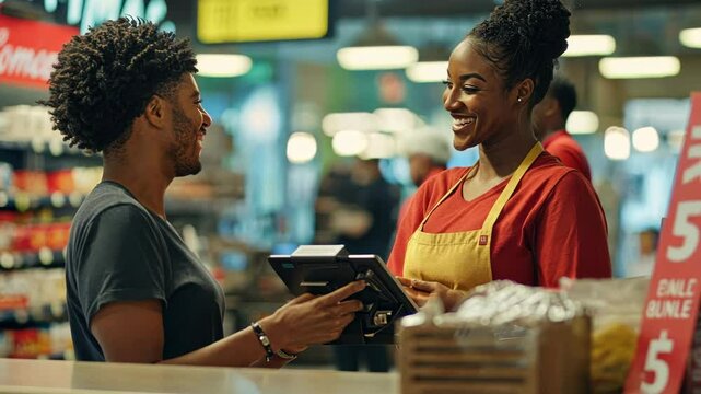 Friendly grocery store interaction with smiling employee and happy customer
