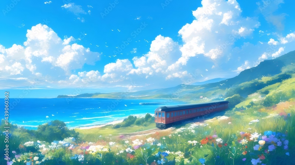 Poster 夏空の下を走る赤い列車と咲き誇る花々の草原 海と丘が広がる鮮やかな風景