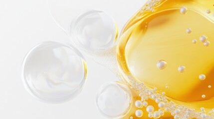 Golden liquid, white bubbles, close-up, abstract background, beauty product