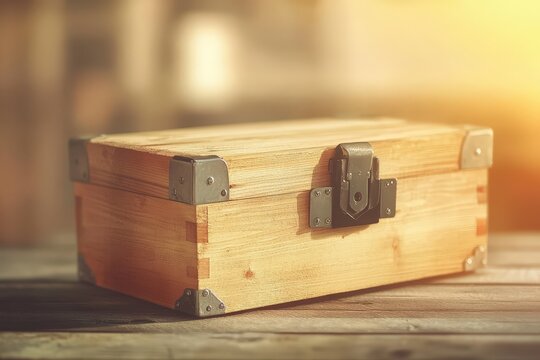 Wooden chest resting on a rustic surface, bathed in warm light.
