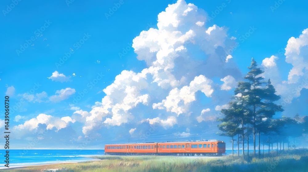 Aufkleber オレンジ色の電車が海岸線を走る夏の風景 青い空と白い雲 海岸線に沿って生い茂る草と木々のコントラスト 爽やかで穏やかな情景
