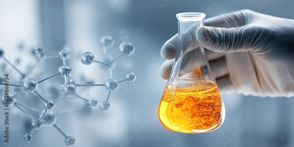 Poster close-up of hand in white glove holding laboratory flask with chemical solutions in modern research 