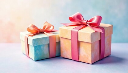 Obraz premium Subtle watercolor painted gift boxes, pastel colors, birthday background, gift box pattern