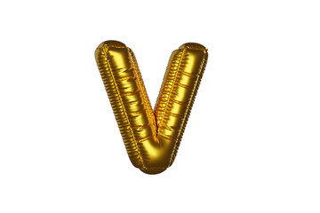 gold Metal Balloon English Alphabet Letter V white background. 3d Rendering
