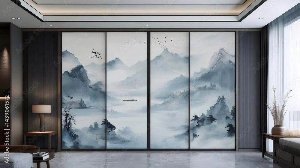 Poster 風景画が描かれたモダンなインテリア空間 静かな山の景色をイメージした装飾パネルと窓からの光