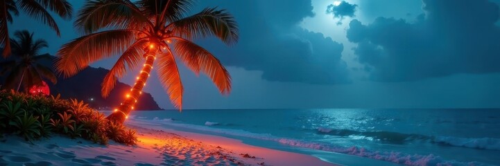 Ornate lights adorn a lone palm, tropical beach Christmas scene , palm tree lights, celebration