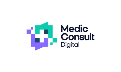 Medical consultation logo design. Cross Sign Medical vector design with chat bubble with digital pixel shape graphic icon symbol