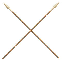 Crossed Spears with Ornate Wooden Handles in Brown and Blue Patterns. 3D Illustration. File with Clipping Path