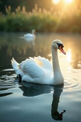 Naklejka premium Serene swan glides on tranquil lake, sunlit reeds , picturesque, idyllic
