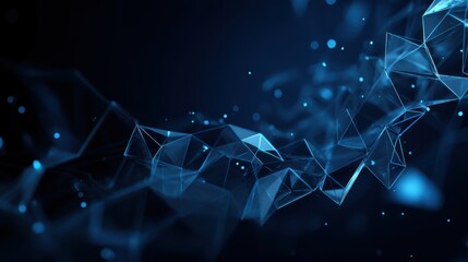 Abstract Technology Background with Flowing Blue Particles and Triangular Geometric Shapes in Dark Environment