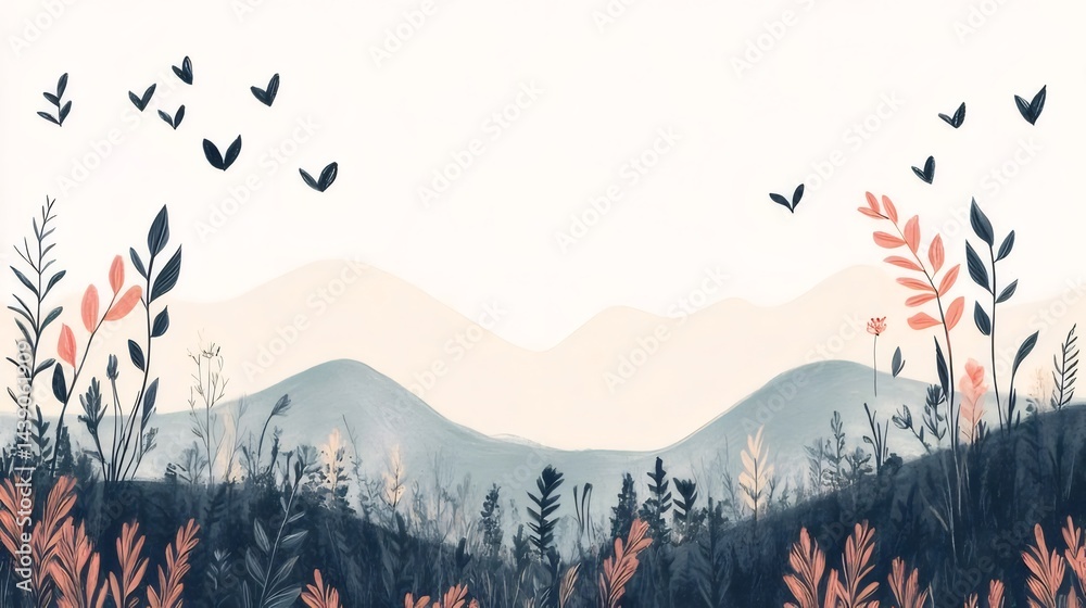 Aufkleber 水彩画の山と植物の風景イラスト 青とピンクの配色 穏やかな雰囲気の自然背景