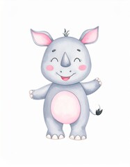 Fototapeta premium Cute watercolor illustration of kid rhino doll, joyful expression