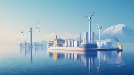 Offshore renewable energy logistics, floating wind farms, maintenance drone operations, green clean tech atmosphere, 3D isometric flat vector, white background, side view