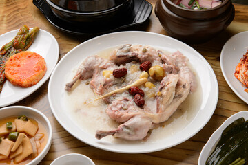 Korean style boiled chicken and side dishes
