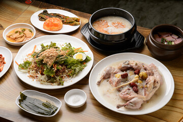 Korean style boiled chicken and side dishes
