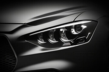 Modern car headlight of black car in the dark