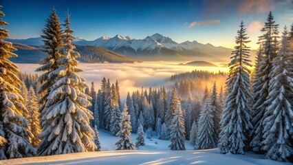 Golden Sunrise Illuminates a Snowy Mountain Forest Landscape with Majestic Peaks and a Sea of Clouds