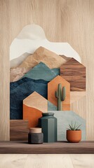 Desert landscape diorama, geometric shapes, natural colors