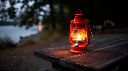 Glowing Red Lantern on Wooden Table at Dusk in Nature Setting