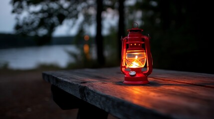 Burning Red Lantern on Wooden Table at Dusk Camping Scene
