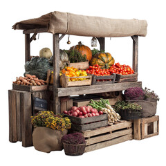 Rustic market stall showcasing a variety of vegetables, fall harvest concept, clear background --v 7.0