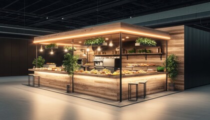 Obraz premium A modern wooden food kiosk with plants, bright lighting, and a display of assorted baked goods, located indoors with minimal seating.