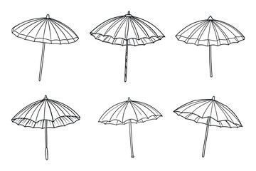 Fototapeta premium Six simple black and white line art of parasol style umbrellas