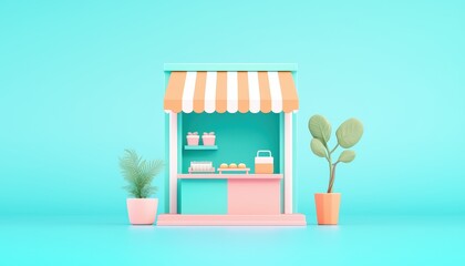 Obraz premium A small pastel market stall with plants, baked goods, and drinks against a turquoise background.
