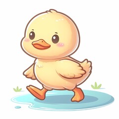 Fototapeta premium Cute Cartoon Duck walking in a puddle white background Isolated 