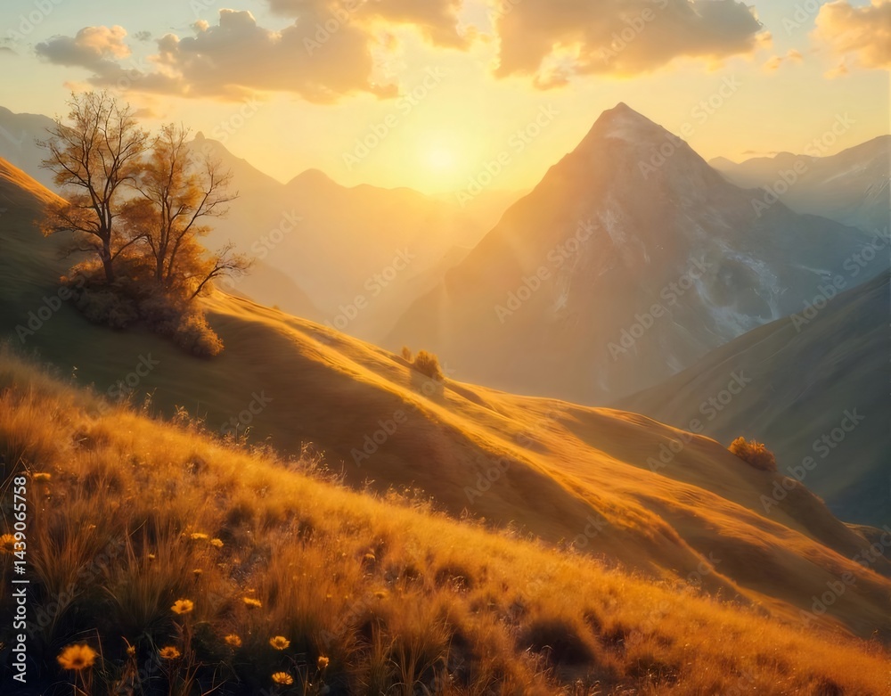Poster 黄金色の夕日が照らす山と丘の風景 太陽光線が草原を染める自然の情景