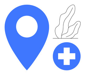 Blue location pin beside a medical cross and abstract plant design. Ideal for health care, navigation, wellness, hospitals, environmental care, sustainability, clinics, simple landing page