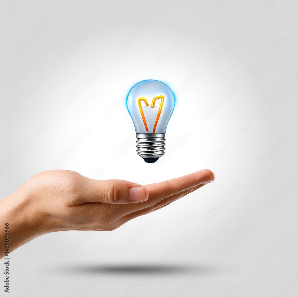 Poster a bright idea: glowing light bulb hovering above a hand, symbolizing innovation and creativity.