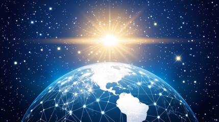 Fototapeta premium stunning view of Earth from space, showcasing network of connections across globe, illuminated by bright sun rising in background. scene evokes sense of wonder and interconnectedness