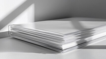Stacked papers in clear binder, sunlit room