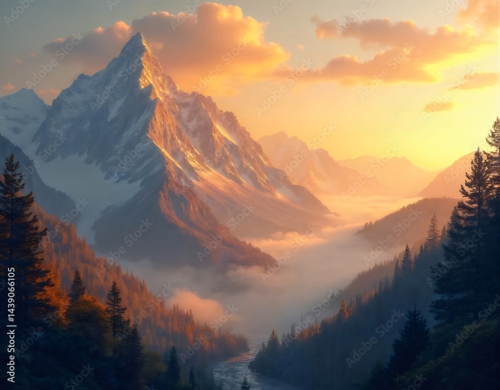 Aufkleber 夕焼け時の雪山と谷間の風景 黄金色の光が山頂を照らし 雲海と木々が広がる自然の絶景