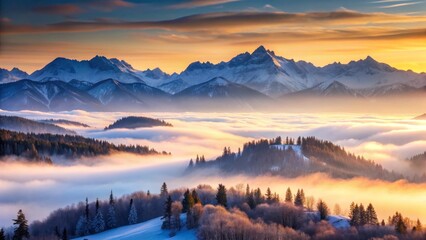 Golden Hour Over a Sea of Fog in the Snowy Mountains