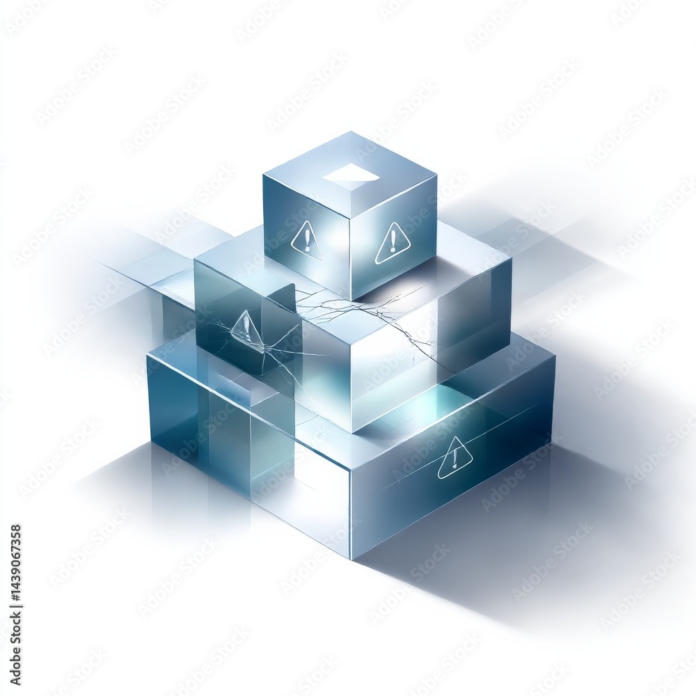 Aufkleber Fragile Foundation: A Stack of Warning Cubes Under Stress with Fracture Lines and Reflected Light on White Background